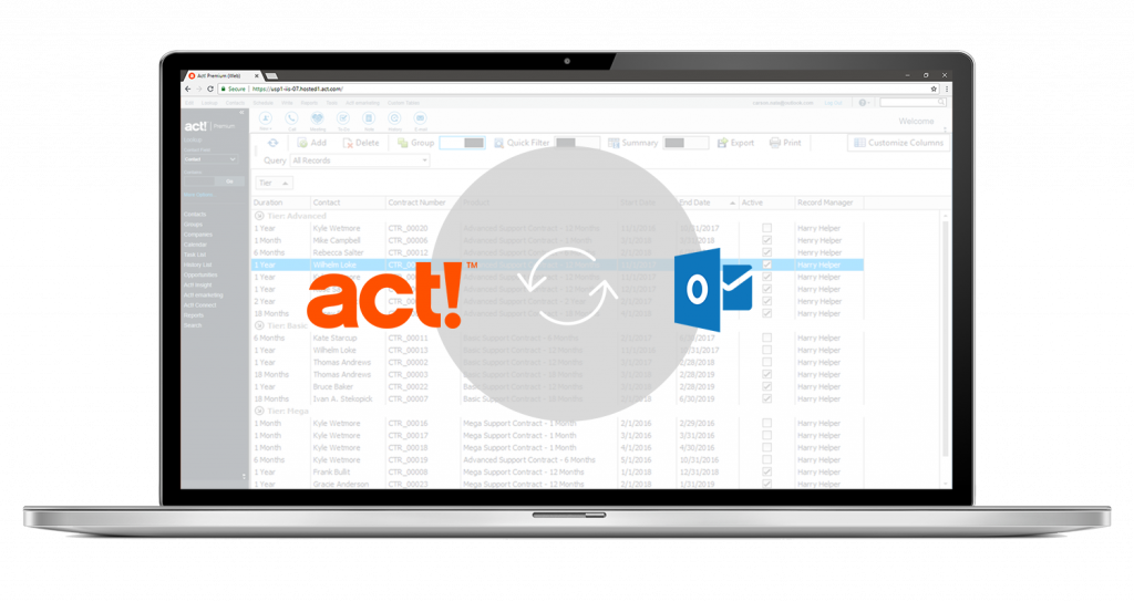 act! Logo and microsoft outlook logo overlayed on a laptop screen with an arrow connecting the logos